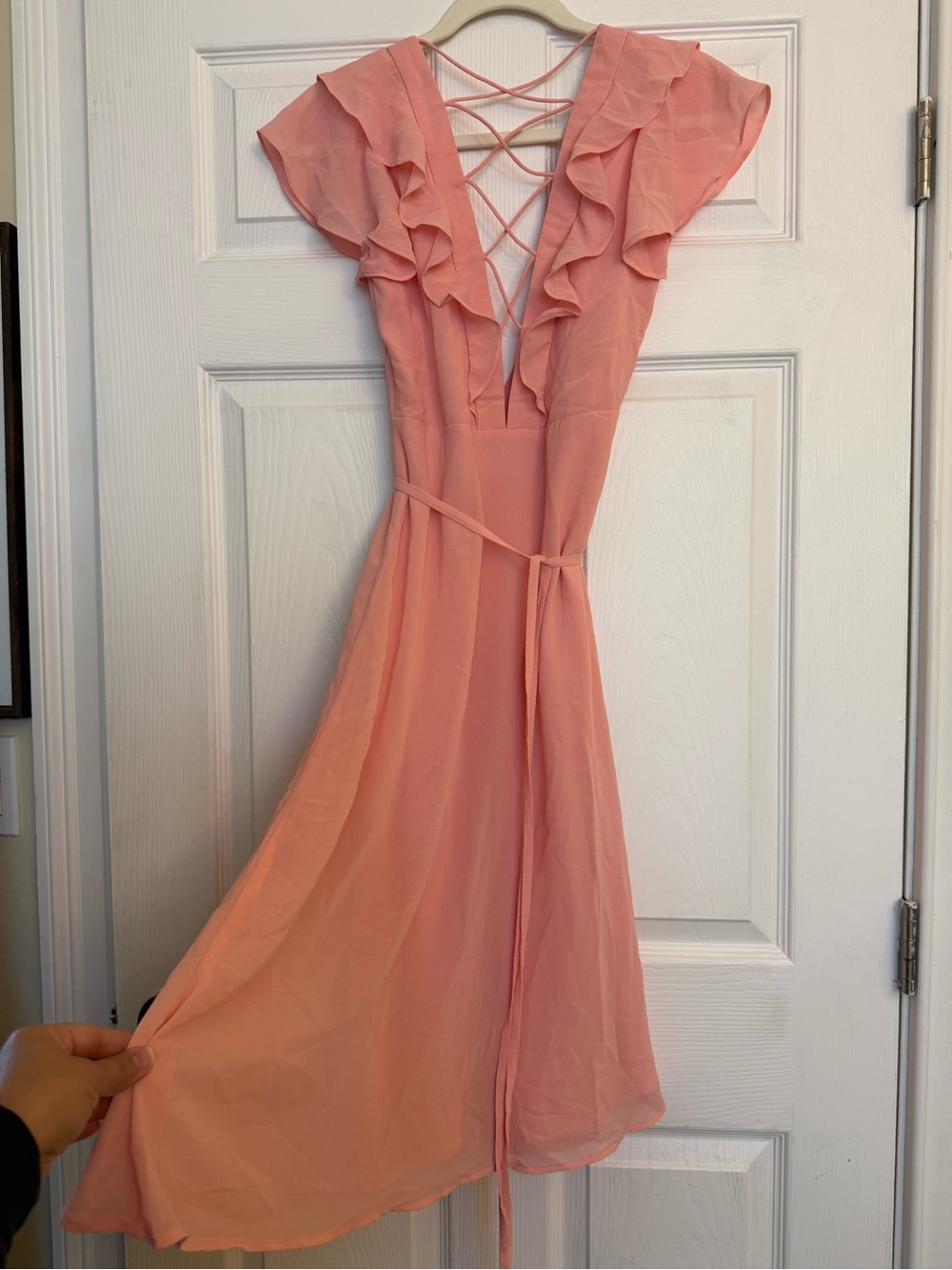 New Look Peach-Pink Ruffle Sleeve Wrap Midi Dress with Lace-Up Back